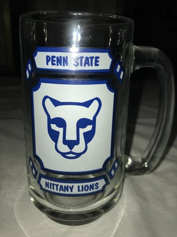RARE Vintage LOGO Glass 12oz BEER MUG Stein PENN STATE NITTANY LIONS 5½" Tall Cover