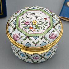 Halcyon Days Enamels Trinket Box "May You Be Happy" Flowers Lattice