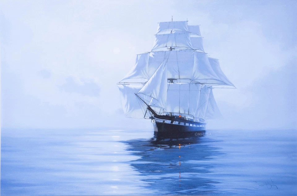 Moonlight's Reflection Seascape Becalmed Tall Ship 35" Painting Canvas Print New - Image 1 of 1