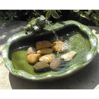 Green Glazed Ceramic Fountain Bird Bath with Frog and Solar Pump - Image 1 of 3
