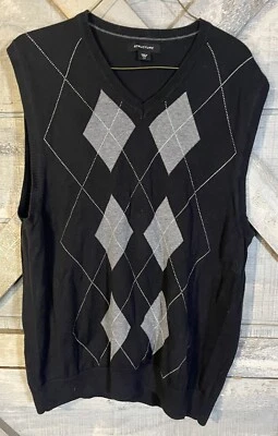 Structure Sweater Vest Mens L V Neck Argyle Diamond Patterned Black Academia - Image 1 of 3