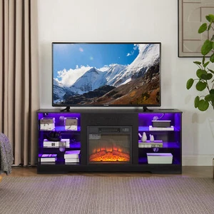 TV Stand Electric Fireplace TV Stand w/Glass Shelves,3D Fireplace TV Stand w/ - Picture 1 of 23