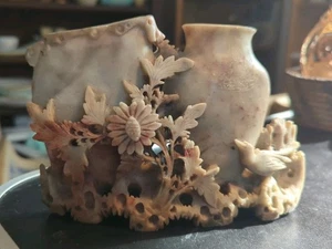 Vintage Carved Soapstone Double Vase Featuring Bird & Chrysanthemum Flowers - Picture 1 of 11