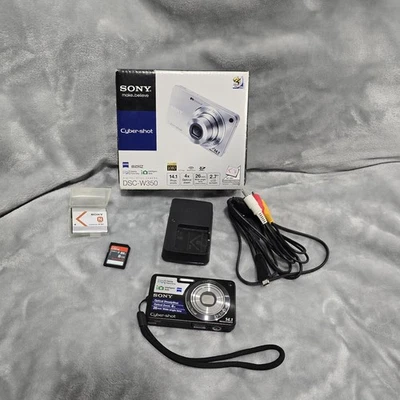 Sony Cyber-shot DSC-W350 14.1MP Digital Camera Black w/Batteries Charger SD Card - Image 1 of 4