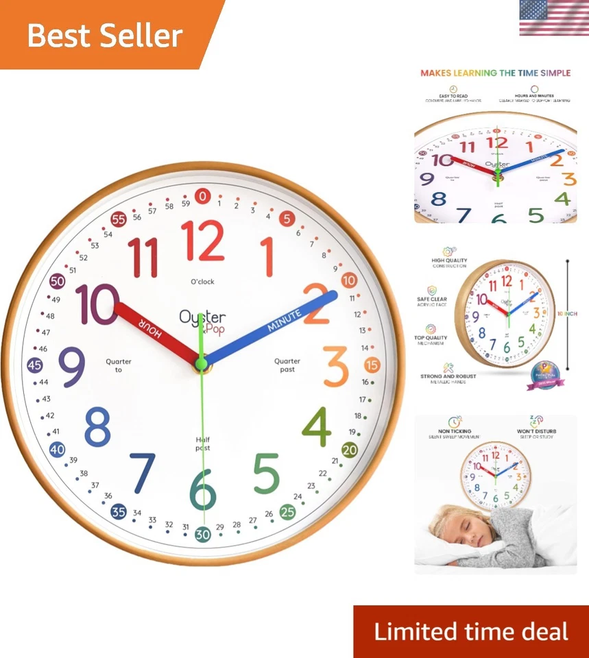 Reloj de Pared Silencioso Antimarca 10 Pulgadas Niños - Diseño Arco Iris Divertido y Educativo Foto 1 de 4