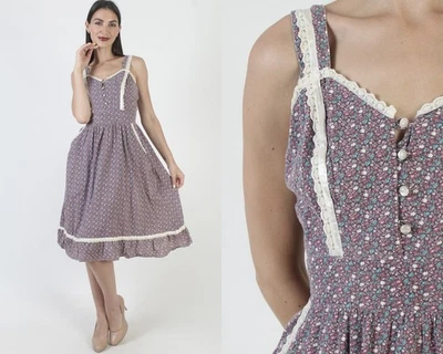 Vtg 70s Purple Calico Floral Dress Prairie Peasant Boho Sweetheart Sundress - Image 1 of 4