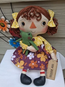 Primitive Folk Art Raggedy Handmade 16” Froggie Ann cloth doll. New. - Picture 1 of 8