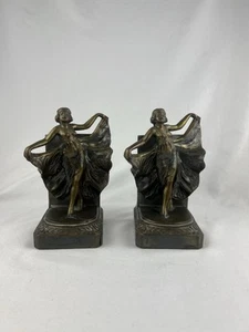 VTG Antique 1920s Loie Fuller Art Deco Flapper Girl Bronze Spelter Bookends - Picture 1 of 7