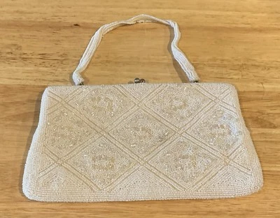 Vintage Richere Japan White Beaded Satin Clutch Handbag Purse Diamond Design EUC - Image 1 of 4
