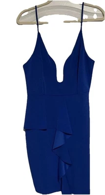 Royal Blue Bodycon Deep V Dress Thin Spaghetti Straps Ruffled Peplum Waist - Image 1 of 4