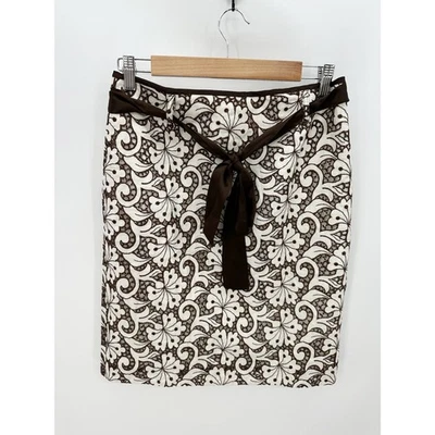 Cynthia Cynthia Steffe Brown White Linen Cotton Embroidered Knee Length Skirt 6 - Image 1 of 4
