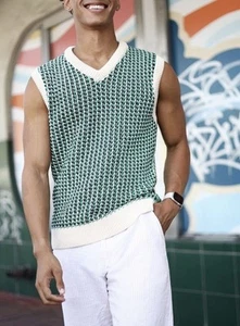Zara Men's Cable Chunky Knit Pullover Sweater Vest Jumper Green Beige Size XL - Picture 1 of 12