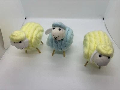 Набор из 3 желтых/синих тканевых/деревянных ягнят для детской/домашнего декора - Изображение 1 из 4