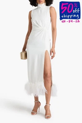 RRP€1160 16ARLINGTON Midi Dress UK14 US10 IT46 XL Feather Trim White Made in UK - Image 1 of 4