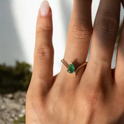 Gold Diamond Ring Lab Grown Pear Cut 1 Carat Green Emerald 14K Yellow Size 6 7 8 - Image 1 of 4