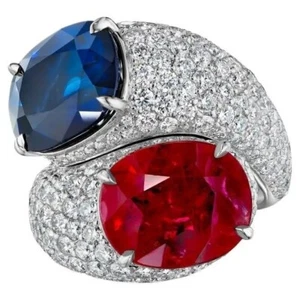 21.81 TCW Simulated Ruby & Sapphire Pave Bypass Ring For Woman in 935 Silver - Picture 1 of 8
