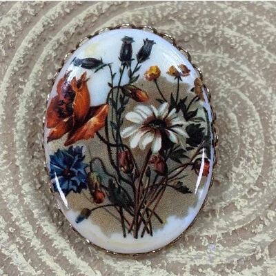 Vintage Floral Porcelain Brooch Oval Ceramic Pin Wildflower Print Cottagecore - Image 1 of 4