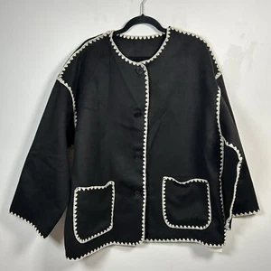 Commense Jacket Womens XL Contrast Trim Black Pockets Casual Elegant Long Sleeve - Picture 1 of 7