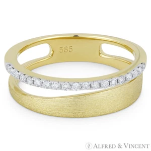 Anello Impilabile Destro Diamante 0,16ct Fascia Spazzolata in Oro Giallo Bianco 14k - Foto 1 di 1
