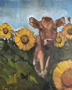 Original impressionist Farm Painting Cow Sunflowers 16x20 signed - Picture 1 of 4