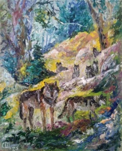 Quadro "Lupi". Olio su cartone. 8x10 inc. Fatto a mano. 2025. Senza cornice. - Foto 1 di 1