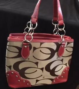 Designer Look Canvas Handbag with Red Faux Leather Accents Purse Shoulder Strap - Picture 1 of 8