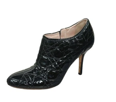 CHRISTIAN DIOR Cannage Black Patent Leather Heels Ankle Booties 39.5 9.5 Shoes - Image 1 of 4