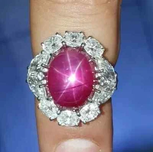 Certified Natural 7.00ct Cabochon Red Ruby 14K White Gold Wedding Ring - Picture 1 of 11