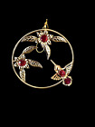 Ornament- HUMMINGBIRD WITH FLOWERS RING-24k gold plated- Swarovski Elements- red
