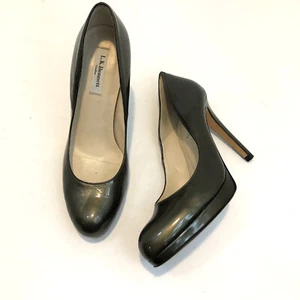 LK Bennett Sledge Platform Patent Leather Pumps Heels Olive Green  39 US 8 Flaws - Picture 1 of 12
