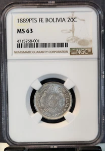 1889 PTS FE BOLIVIA SILVER 20 CENTAVOS COAT OF ARMS NGC MS 63 BEAUTIFUL COIN - Picture 1 of 3