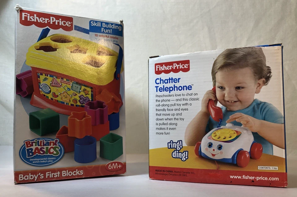 LOT OF 2 FISHER PRICE TODDLER TOYS PULL TELEPHONE & SORTING BLOCKS - Image 1 of 4