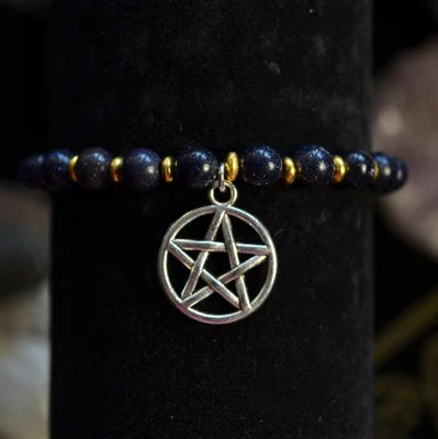 Pulsera pentagrama de piedra dorada hecha a mano protección contra brujas amuleto joyería pagana Foto 1 de 4