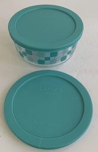 Vintage Pyrex 7201 klar türkis Karos & Punktmuster 6" Schüssel mit Deckel 4 Tassen 1 Quart - Bild 1 von 12