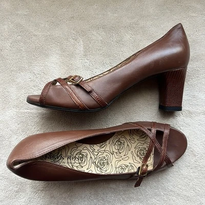 Taryn Rose Brown Leather Criss Cross Straps Block Heel Pump Women EU 36.5 US 6 - Image 1 of 4