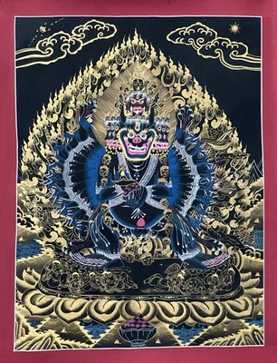 YAMANTAKA ORIGINAL TIBETANO THANGKA PINTADO A MANO NEGRO Y DORADO ARTE DE DIETA TÁNTRICA Foto 1 de 4
