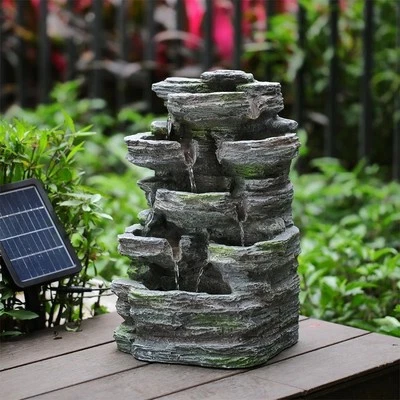 Solar Rock Cascading Fountain Outdoor Garden Water Feature LED Statue Decoration - Image 1 of 4