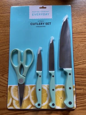 Juego de cubiertos Martha Stewart 4 piezas cuchillos tijeras chef pelado acero inoxidable aguamarina nuevo Foto 1 de 3
