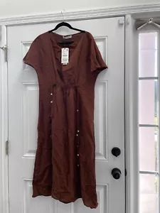 Zara Brown Linen blend Maxi Dress Accent Beads Medium NWT - Picture 1 of 3