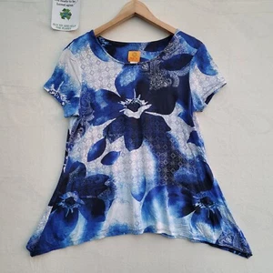 Ruby Rd. Short Sleeve Blouse Size L Petite Ladies Top Blue Floral - Picture 1 of 8