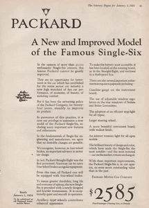 Anuncio impreso PACKARD 1924 vintage nuevo modelo único de seis modelos transporte de automóviles - Imagen 1 de 1