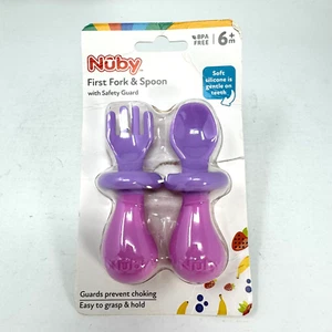 Nuby Brand Baby's First Fork & Spoon with Safety Guard Set Pink/Purple 6M+ - Picture 1 of 2
