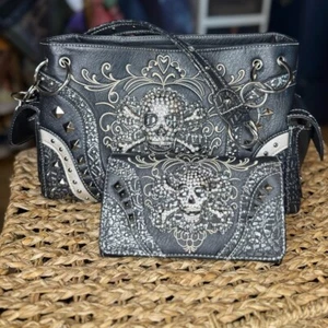 Strass Totenkopf verdeckte Tragetasche & Portemonnaie NEU - Bild 1 von 8