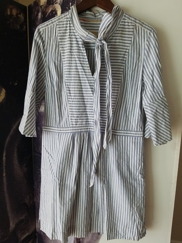 Abito donna Burberry scollo a V blu bianco a righe manica 3 4 cotone US 10 TP01