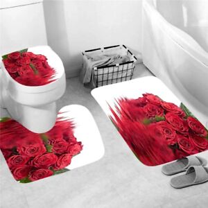 Rose Bathroom Rug Set Shower Curtain Thick Non Slip Toilet Lid Cover Bath Mat