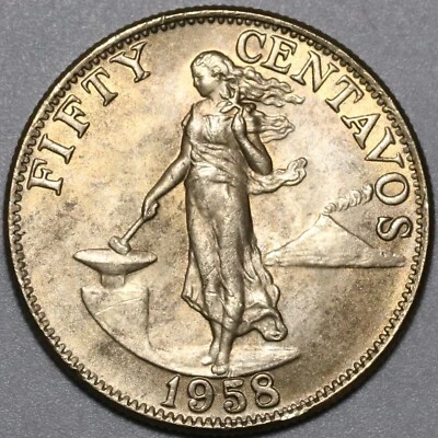 1958 Philippines 50 Centavos Choice BU US Design Coin (25051008R) - Image 1 of 2