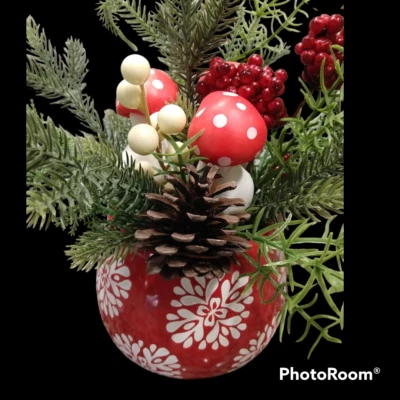  Centro de mesa de Navidad Lucky Mushroom olla de cerámica rojo imitación abeto pino decoración nuevo con etiquetas Foto 1 de 4