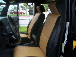 JEEP WRANGLER JK 2DOORS 2007-10 BLACK/BEIGE LEATHER-LIKE CUSTOM FRONT SEAT COVER - Picture 1 of 6