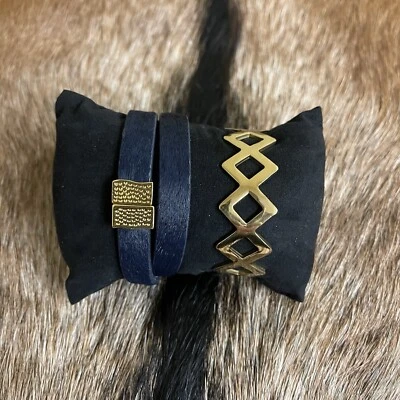 Puño rústico Haley doble envoltura azul/dorado piel de becerro y brazalete geométrico dorado Foto 1 de 4