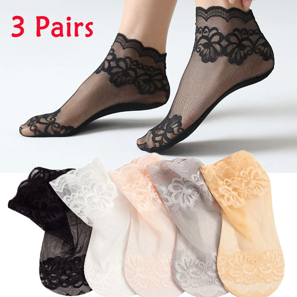 Calzini Da Donna In Pizzo Floreale A Rete Trasparente Calzini Corti Elastici ☆ - Immagine 1 di 4